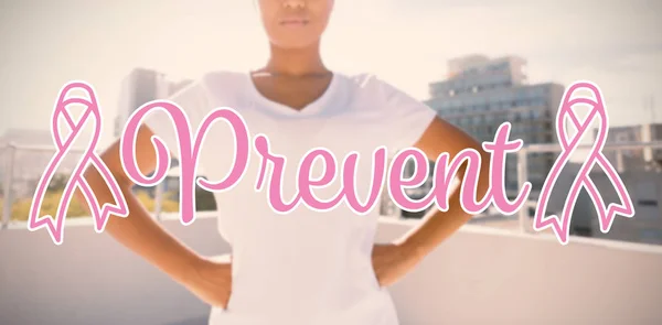 Prevent Text Breast Cancer Awareness Ribbon Strong Woman City — Stock Photo, Image
