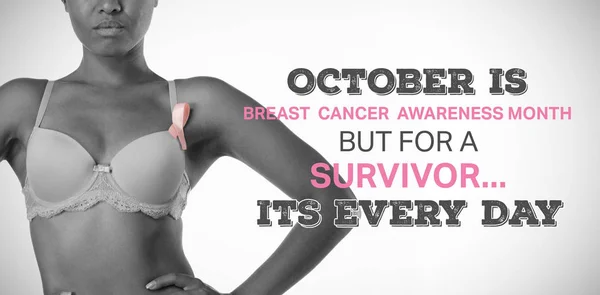 Tekst Borst Kanker Bewustzijn Maanden Tegen Vrouw Beha — Stockfoto