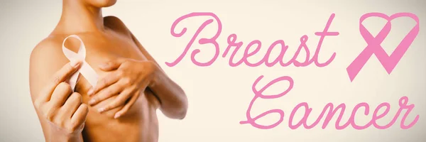 Brustkrebs Text Mit Schleife Gegen Frau Für Brustkrebs Bewusstsein Mit — Stockfoto