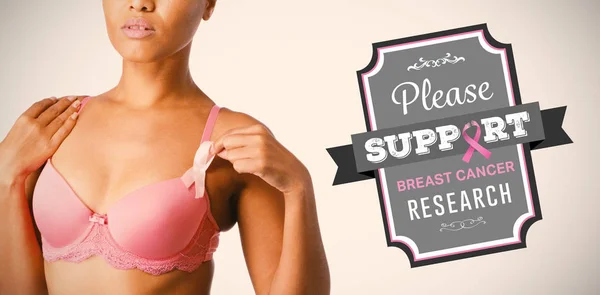 Breast Cancer Awareness Message Woman Pink Bra Ribbon — Stock Photo, Image
