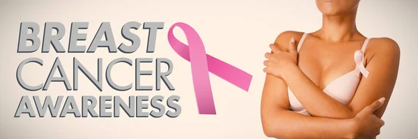 Mensagem Conscientização Câncer Mama Contra Mulher Sutiã Rosa Com Fita — Fotografia de Stock