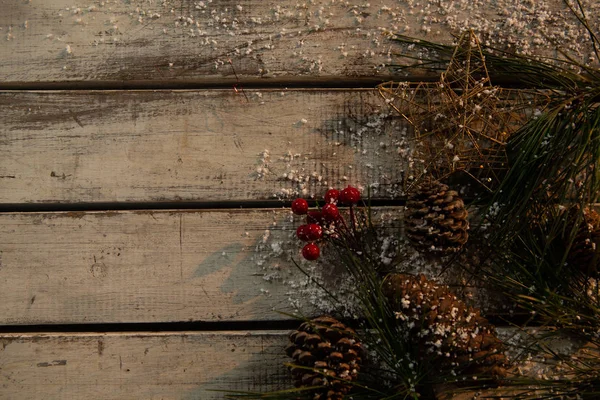 Copy Space Pine Branches Wooden Table — Stock Photo, Image