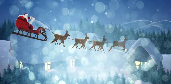 Seitenansicht Des Weihnachtsmannes Beim Schlittenfahren Weihnachten Gegen Niedliches Dorf Schnee — Stockfoto