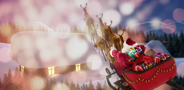 Vista Ángulo Alto Santa Claus Cabalgando Trineo Con Caja Regalo — Foto de Stock