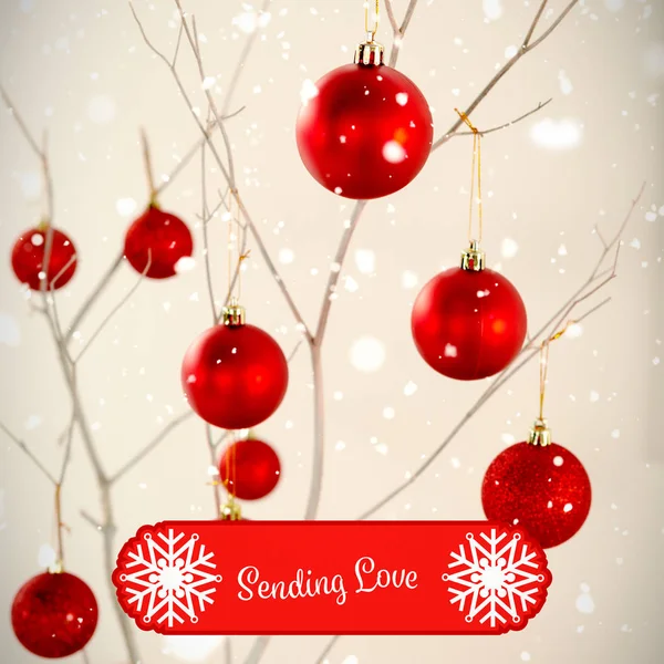 Banner Αποστολή Αγάπης Ενάντια Κόκκινες Χριστουγεννιάτικες Μπάλες Στο Πλαίσιο Κλαδιά — Φωτογραφία Αρχείου