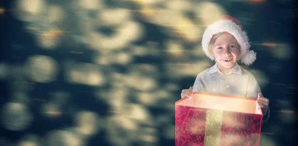 Εορταστική Αγόρι Άνοιγμα Δώρο Κατά Λαμπυρίσματος Φως Σχεδιασμό Μαύρο — Φωτογραφία Αρχείου