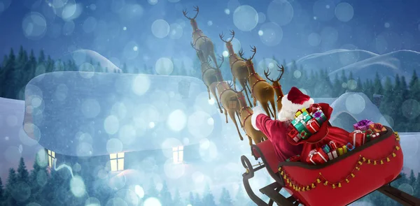 High Angle View Santa Claus Riding Sled Gift Box Cute — Stock Photo, Image