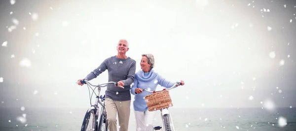 Nieve Cayendo Contra Pareja Mayor Con Sus Bicicletas — Foto de Stock