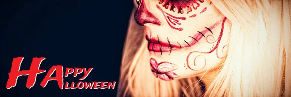 Graficzny Obraz Happy Halloween Tekst Przed Atrakcyjna Młoda Dziewczyna Makijażem — Zdjęcie stockowe