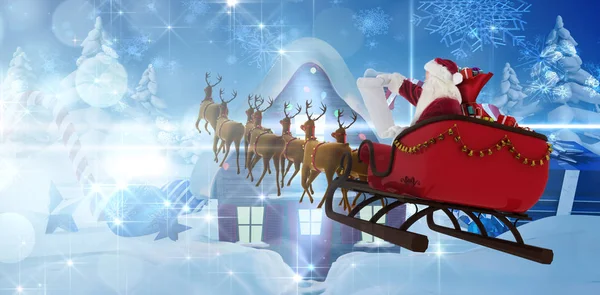 Babbo Natale Slitta Durante Natale Contro Casa Natale Con Regali — Foto Stock