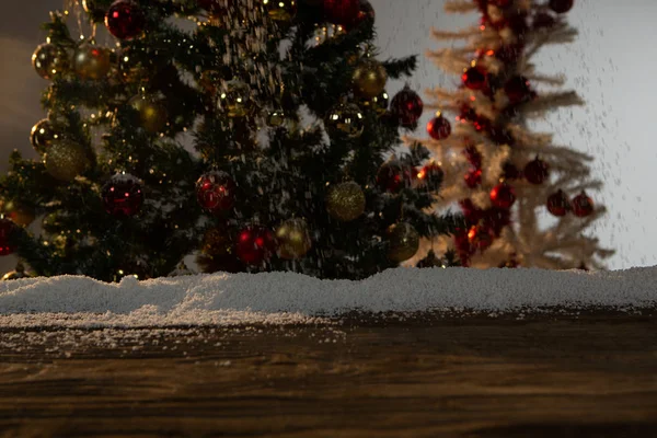 Wooden Table Snow Christmas Tree — Stock Photo, Image