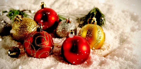 Snow Falling Colored Christmas Decorations Snow — Stock Photo, Image