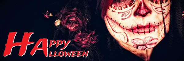 Boldog Halloween Szöveg Ellen Vonzó Fiatal Lány Smink Kép — Stock Fotó