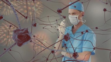 Erkek doktor bakteri enfeksiyonu hücre diyagram eğitim