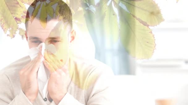 Vídeo Compuesto Digital Hojas Otoño Cayendo Hombre Estornudando Mientras Sufre — Vídeos de Stock