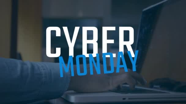 Siber Pazartesi Metin Karşı Dizüstü Kullanan Adam Dijital Bileşik Video — Stok video
