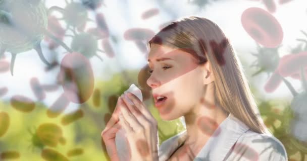 Digital Composite Video Woman Suffering Sneezing Bacteria Infection Cells — Stock Video