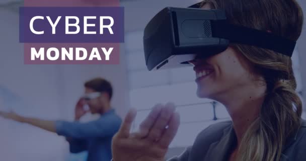 Digitally Generated Video Cyber Monday Text Woman Using Virtual Reality — Stock Video