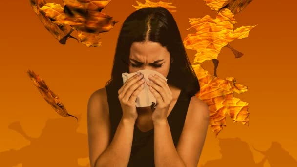 秋季落叶和女孩打喷嚏时过敏的数字复合视频 — 图库视频影像