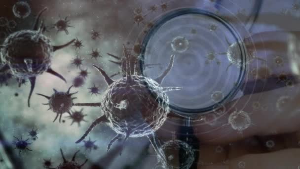Zbliżenie Dłoni Stereoskop Wobec Komórek Bakterii — Wideo stockowe