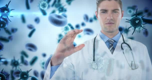細菌に対するセル 目に見えないオブジェクトを保持している医師のデジタル コンポジット ビデオ — ストック動画