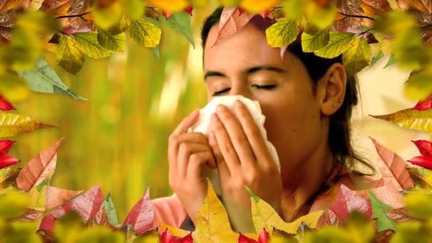 Digitaal Gegenereerde Video Van Vrouw Met Allergie Niezen Herfst Bladeren — Stockvideo