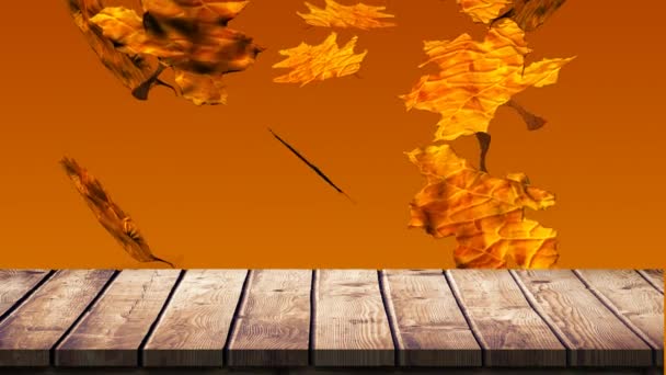 Cyfrowo Wygenerowany Wideo Drewniane Deski Przeciw Jesiennych Liści — Wideo stockowe