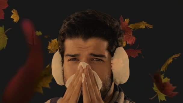Цифровая Комедия Падении Осенних Листьев Чихании Человека Страдающего Аллергией — стоковое видео