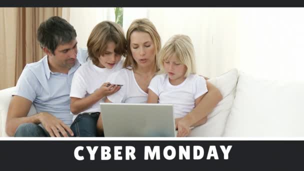 Video Generato Digitalmente Cyber Monday Testo Famiglia Shopping Online Laptop — Video Stock