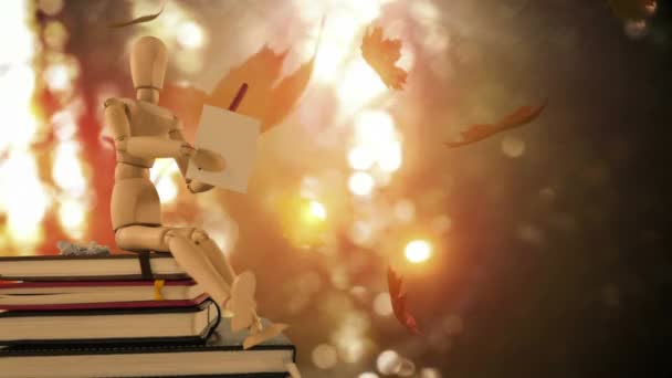 Vidéo Figurine Générée Numériquement Sur Pile Livres Contre Feuilles Automne — Video