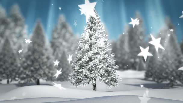Digitalt Genererade Fallande Stjärnor Mot Snöiga Landskap Och Träd — Stockvideo