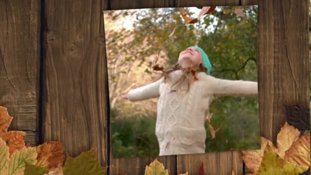 Autumn Leaves Frame Screen Showing Girl Playing Autumn Leaves Forest — Stock Video