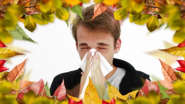 Vidéo Générée Numériquement Homme Avec Des Éternuements Allergiques Cadre Feuilles — Video