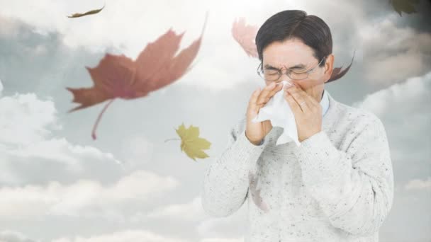 Digital Composite Video Falling Autumn Leaves Man Sneezing While Suffering — Stock Video
