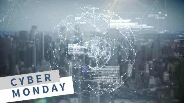 Digitalt Genererade Cyber Måndag Skylt Mot Anslutande Linjer Globe Och — Stockvideo