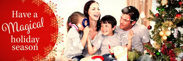 Happy Family Playing Christmas Gifts White Red Greetings Card — Stock Photo, Image