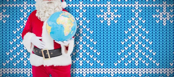 Feliz Papai Noel Segurando Globo Contra Tricô Natal Fundo Cone — Fotografia de Stock