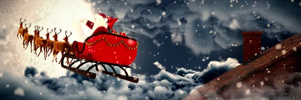 Snow Falling Moon Shining Clouds Santa Claus Reindeer Sleigh — Stock Photo, Image