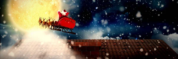 Schnee Fällt Gegen Sterne Die Nachthimmel Funkeln Weihnachtsmann Rentierschlitten — Stockfoto