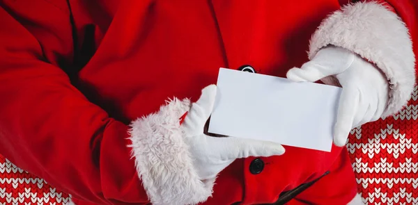 Bránice Santa Claus Drží Prázdné Cedulky Proti Červené Bílé Srdce — Stock fotografie