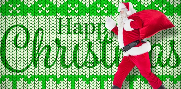 Pozitivní Santa Pytlem Palce Proti Zelené Bílé Vánoční Vzor Tapety — Stock fotografie