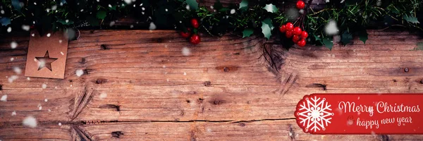 Feliz Texto Navidad Sobre Fondo Madera Con Decoración Navidad — Foto de Stock