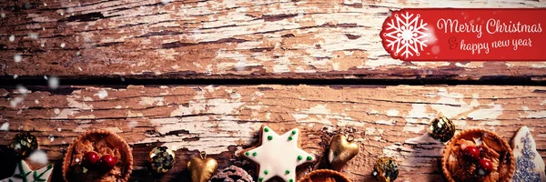 Feliz Texto Navidad Sobre Fondo Madera Con Decoración Navidad — Foto de Stock