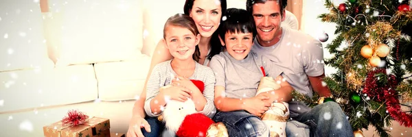 Happy Family Christmas Time Holding Lots Presents Snow Falling — Stock Photo, Image