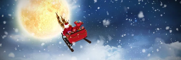 Snow Falling Night Sky Santa Claus Reindeer Sleigh — Stock Photo, Image