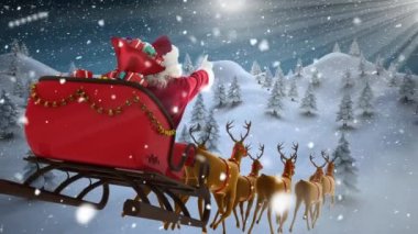 Santa dijital bileşik kızak kış orman ile uçan ren geyiği ile içinde