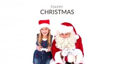 Kız ile Santa oyun bilgisayar oyun konsolu ve Happy Christmas metin dijital bileşik