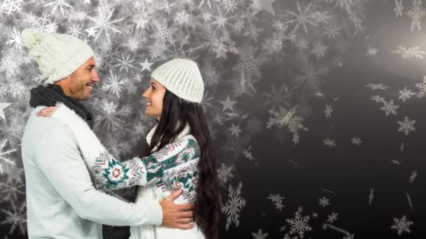 Compuesto Digital Pareja Invierno Con Copos Nieve Cayendo — Vídeo de stock