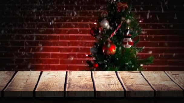 Digital Composite Wooden Foreground Christmas Background Tree Snow — Stock Video