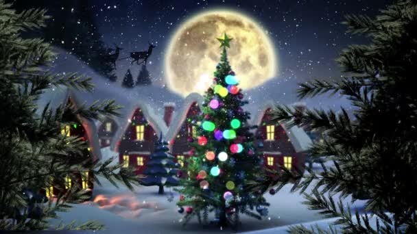 Composite Numérique Des Arbres Noël Dans Village Hiver Avec Lune — Video